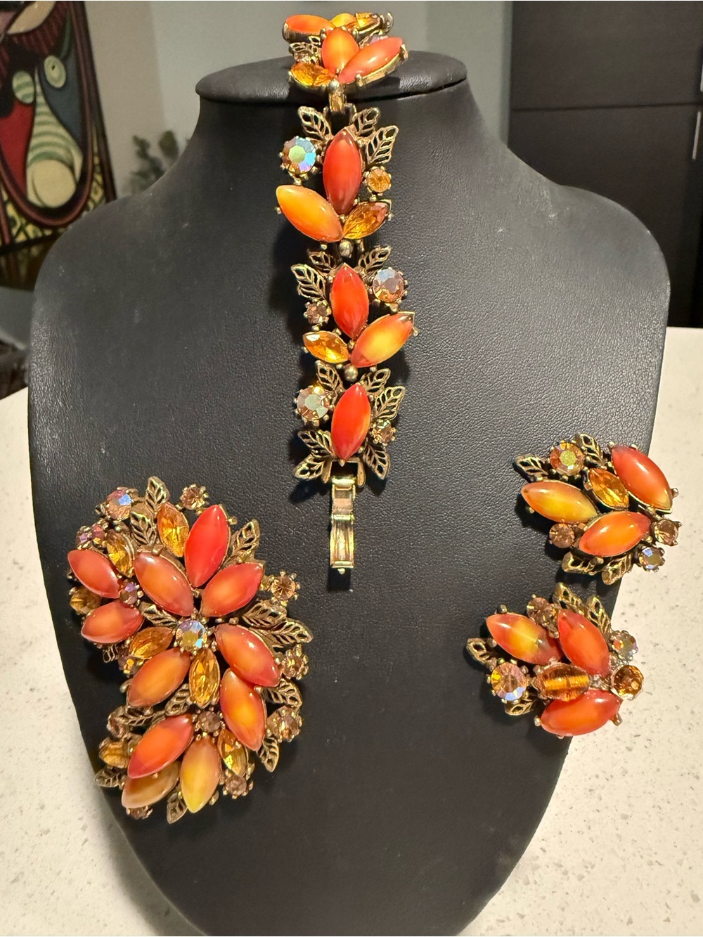 Vintage signed ART Orange & Gold Floral Rhinestone Jewelry Set